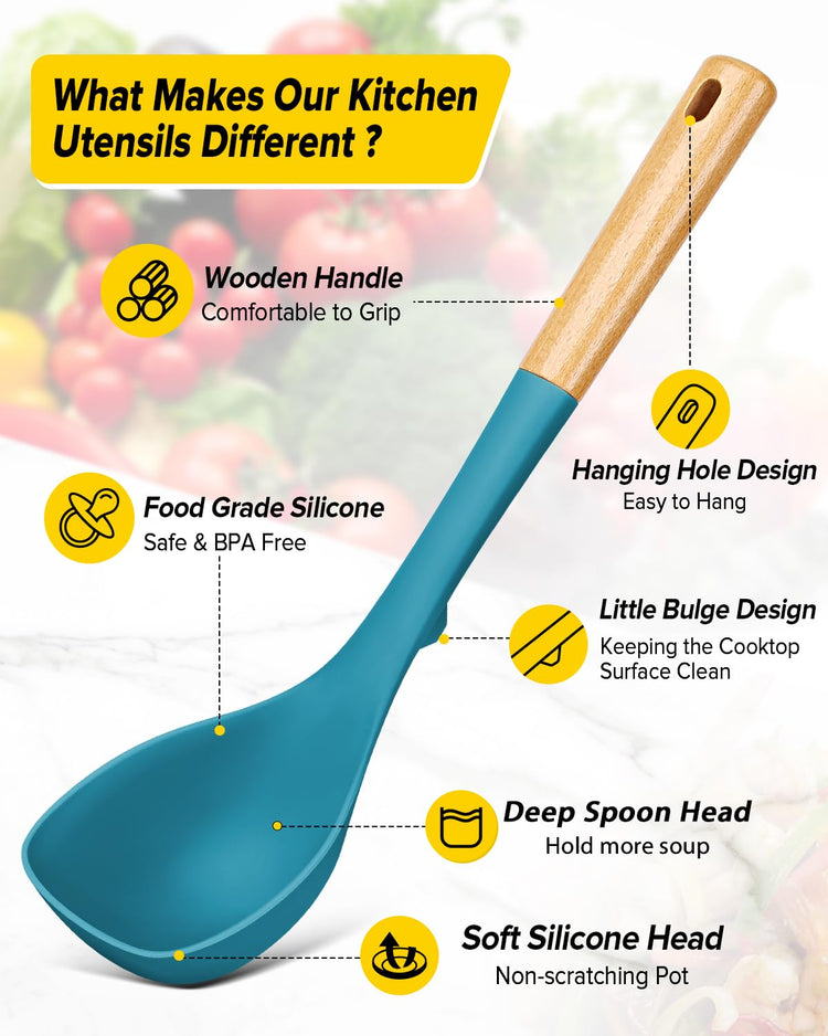 Silicone Soup Ladle and Spaghetti Spoon Set with Wooden Handle (2 Count)