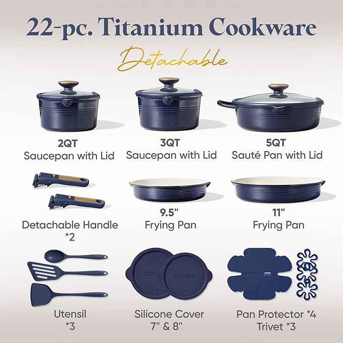 CAROTE 22Pcs Titanium Cookware Set, Pots and Pans Set Non Stick, Kitchen Cooking Set with Detachable Handle, Non Toxic Induction Cookware, Dishwasher/Oven Safe，Blue