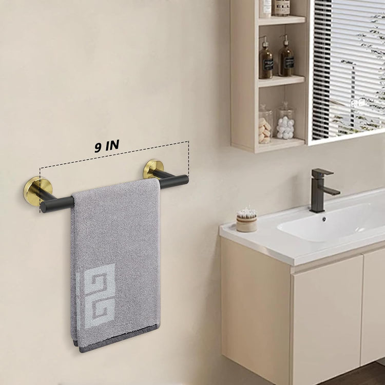 NearMoon Bath Towel Bar, Bath Accessories Thicken Stainless Steel Shower Towel Rack for Bathroom, Towel Holder Wall Mounted (1 Pack, Matte Black & Gold, 9 Inch)