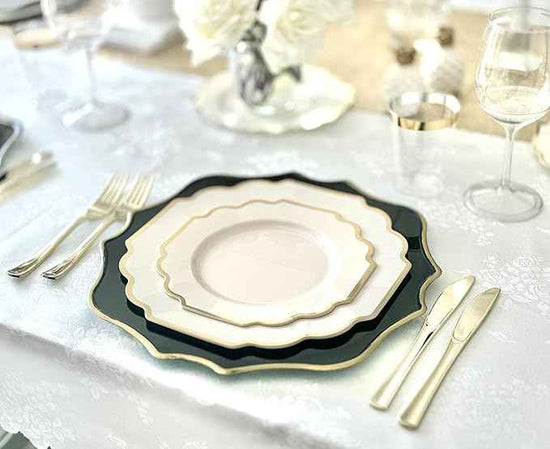 " OCCASIONS " 200 Piece set (25 Guests)-Wedding Plastic Plates & cutlery -Disposable heavyweight Dinnerware 10.5'', 8'' + Silverware + Cups + Napkins (Imperial Ivory & Gold)