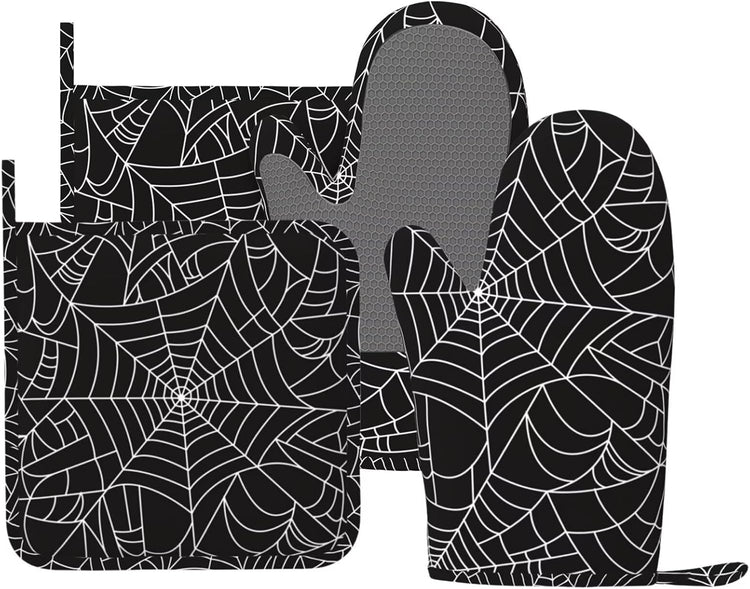 Black and White Spider Web Oven Mitts and Pot Holders Set of 4 Silicone Spiderwebs Kitchen Mitten Gloves and Non-Slip Potholders Set Heat Resistant Oven Gloves Hot Holders for Kitchen