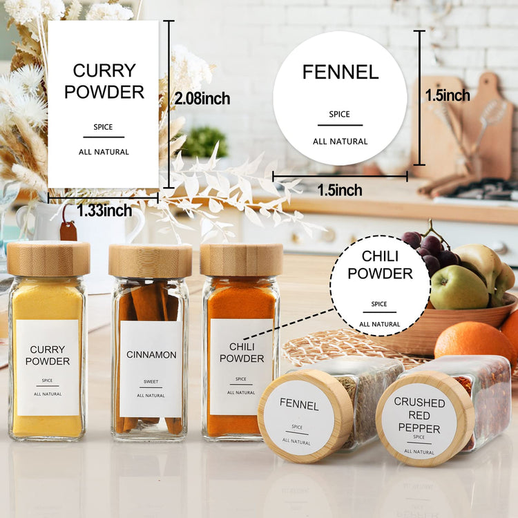 Glass Spice Jars with Bamboo Lid & 398 Label for Cabinet & Drawer Organizer