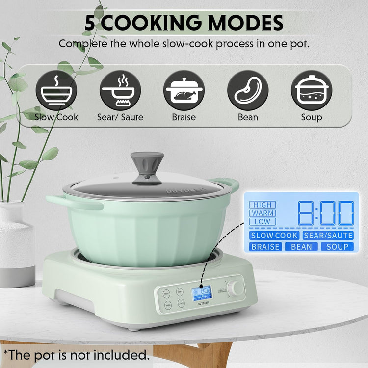 LP55 5-in-1 Slow Cooker, Compatible with Various Cookwares, Multi-Cooker with Two Temperature Settings, Auto Keep Warm for 2H, Cozy Greenish, Pot Not Included
