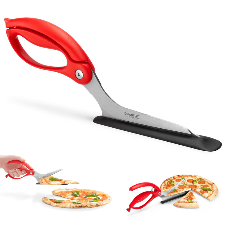 Scizza 2-In-1 Easy Ergonomic Pizza Scissors with Stainless Steel Pizza Cutter Blades & Non-Stick Slice Server - Red