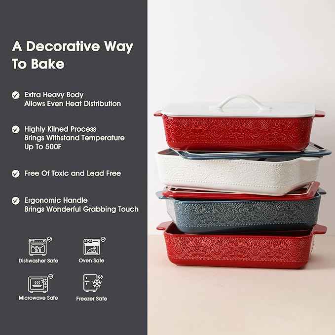 Casserole Dish with Lid, Ceramic 9x13 Casserole Dish for Oven, Rectangular Bakeware, Large Baking Dish with Handles for Holiday Cooking, Roasting, Baking, Oven & Microwave Safe (Blue)