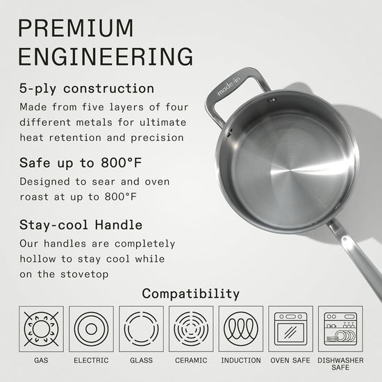 Made In Cookware - 4 Quart Stainless Steel Saucepan with Lid - 5 Ply Stainless Clad Sauce Pan - Professional Cookware - Crafted in Italy - Induction Compatible - Nestoria