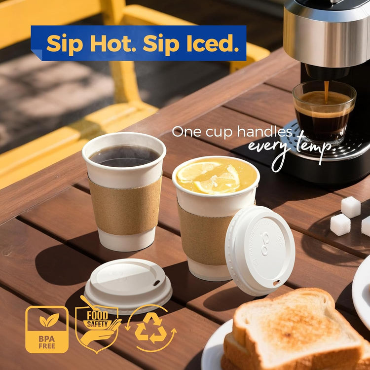 Fit Meal Prep 500 Pack 12 oz Disposable Coffee Cups with Lids, Sleeves, Leak-Proof To Go Coffee Cups with Lids, Durable Hot Paper Cups for Home, Office, Party, Business