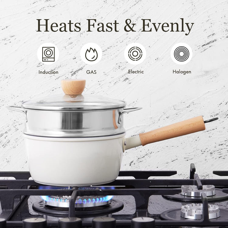 ROCKURWOK Ceramic Nonstick Sauce Pan, 3 QT Pot with Steamer, Non Toxic & PFAS-Free, Wooden Handle for Cool Touch, Universal Base(Gas, Electric & Induction), White