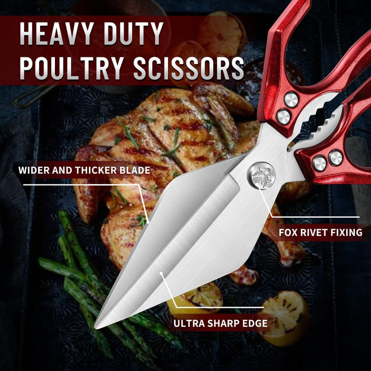 Heavy Duty Poultry Shears for Food with Red Ergonomic Handle