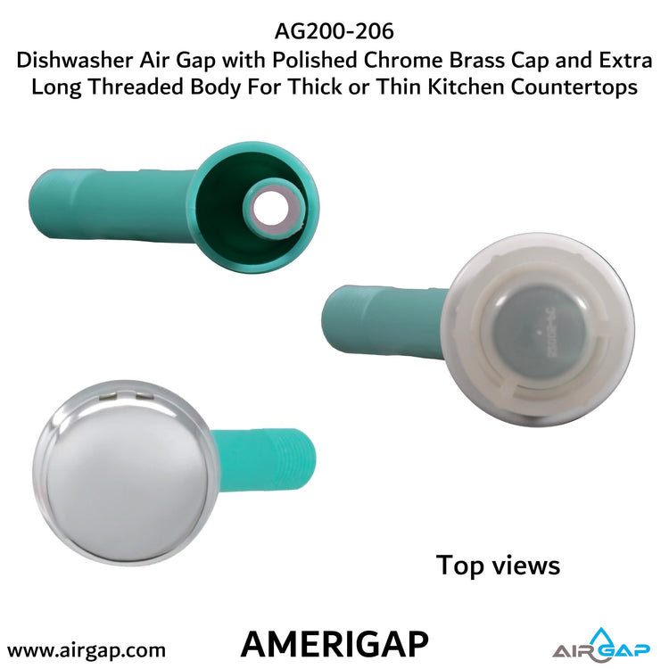 Dishwasher Air Gap with Skirted Polished Chrome Brass Cap and Extra Long Threaded Body for Thick or Thin Kitchen Countertops