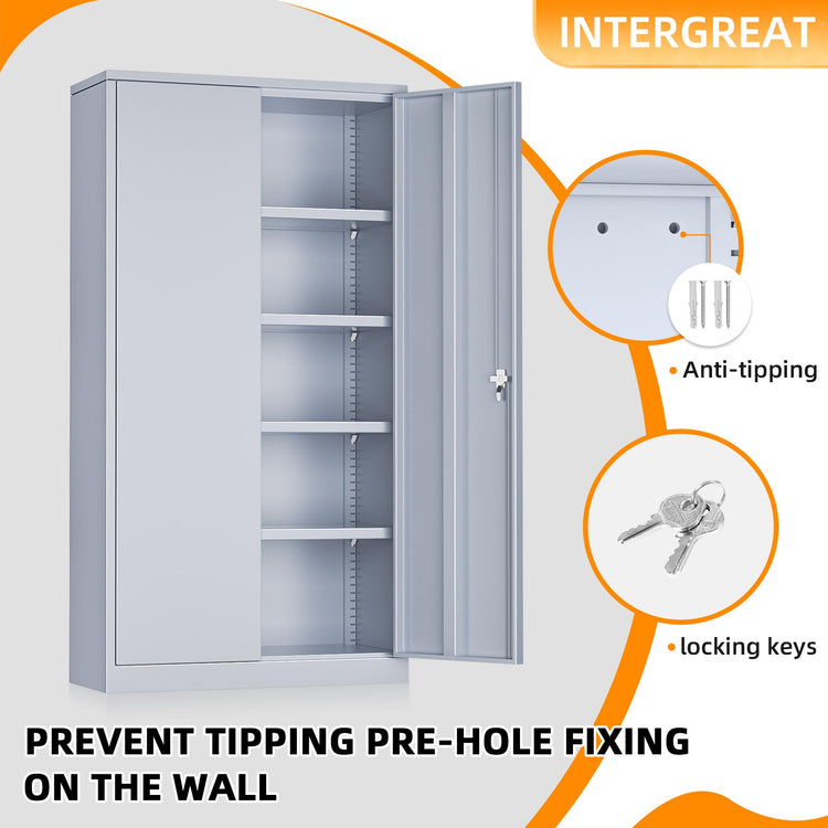 Metal Storage Cabinets 72” Cement Grey Garage Steel Storage Cabinet with Doors and Shelves