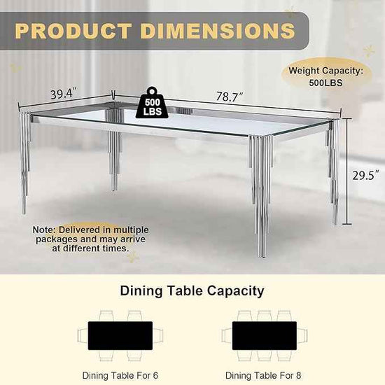 78'' Modern Glass Dining Table for 6-8 People,Tempered Glass Top Dining Room Table with Stainless Steel Base, Glass and Silver Dining Table for 6, Rectangle Dining Kitchen Table for Dinner