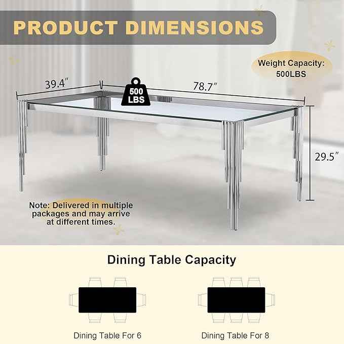 78'' Modern Glass Dining Table for 6-8 People,Tempered Glass Top Dining Room Table with Stainless Steel Base, Glass and Silver Dining Table for 6, Rectangle Dining Kitchen Table for Dinner