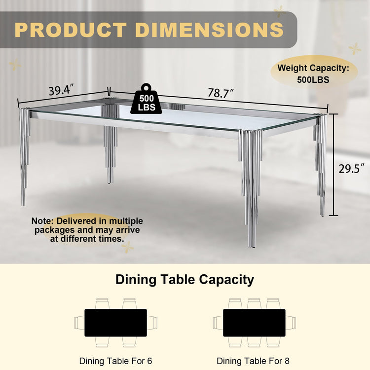 78'' Modern Glass Dining Table for 6