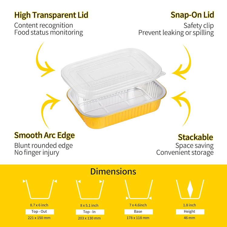 Aluminum Pans with Lids Heavy Duty (40 Pack + 40 Lids, 8.7"×6") 2.25 LB Capacity Foil Food Containers with Lids, Disposable Tin Foil Pans with Lids for Baking, Meal Prep, Freezer, Heating and Takeout