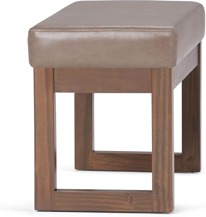 SIMPLIHOME Milltown Small Ottoman Bench - 27 inch Wide Upholstered Vegan Leather Rectangle Footstool Ottoman in Ash Blonde, Contemporary Bench for Bedroom or Living Room with Cushioned Seat, Assembled