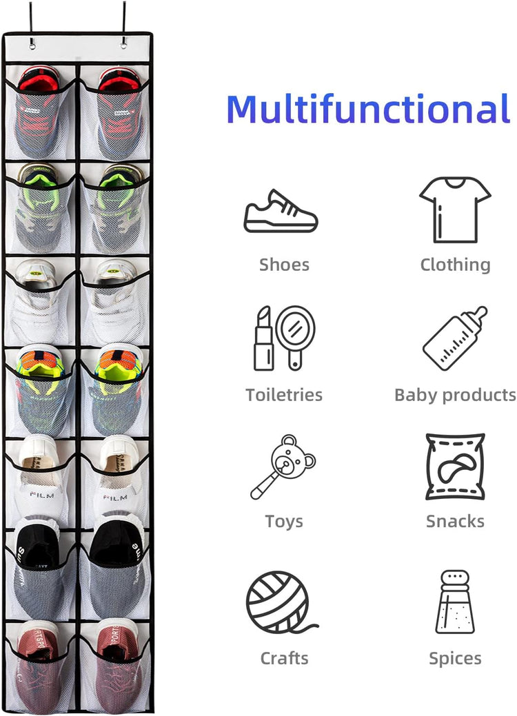 KEEPJOY Over the Door Shoe Organizer, Hanging Shoe Organizer with 4 Hooks, Shoe Holder with 14 Mesh Pockets Closet Door Shoe Storage Bag (White-2Pack)
