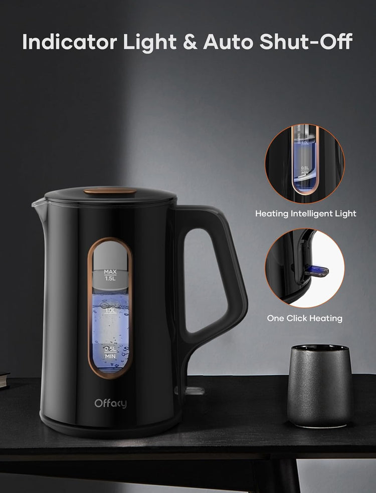 OFFACY Electric Kettle, Double Wall Glass Inner, Hot Water Boiler Heater Pot, 1.5-Liter, 1200 Watts for Fast Boiling, 53oz BPA Free, Glossy Black