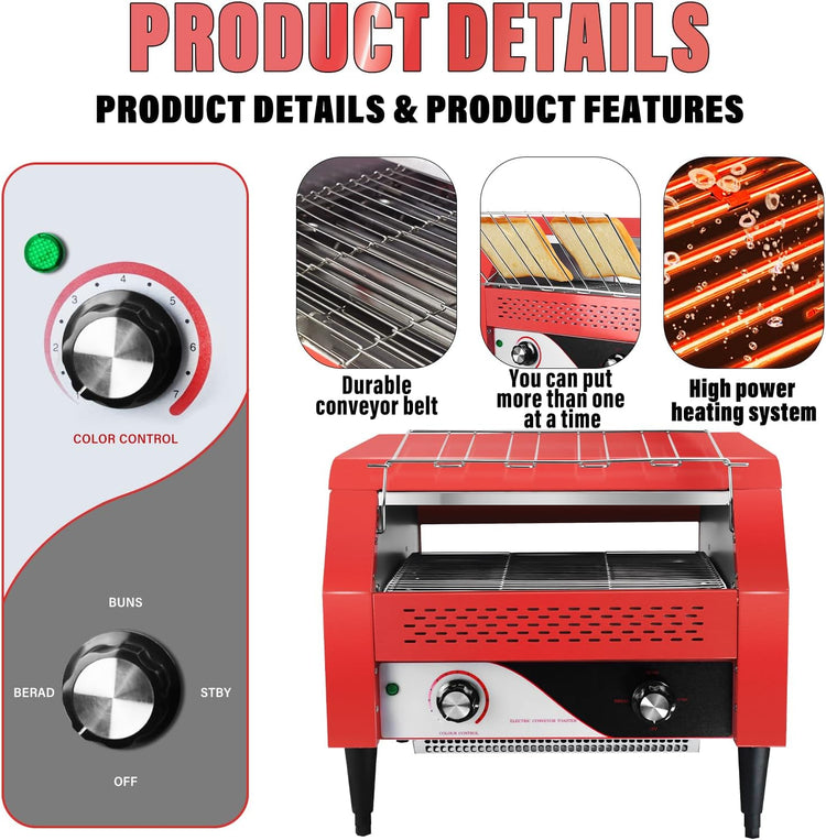 Commercial Conveyor Toaster 450 Slices/Hour Red Conveyor Toaster 3 Modes/7 Speeds Stainless Steel Tabletop Toaster for Toast, Bagels and Other Baked Breads