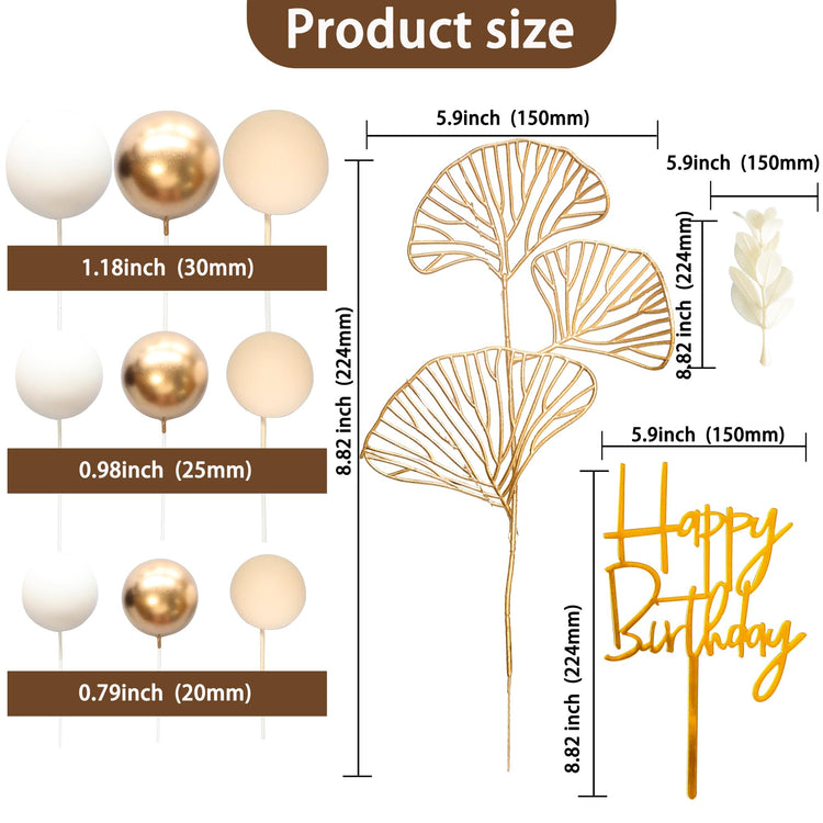 57Pcs Khaki Balls Cake Topper Boho Grass Cake topper Pearl Balls Acrylic Happy Birthday Cake Decorations for Wedding Baby Shower Birthday Boho Themed Party Supplies Khaki White Gold (57 Count)