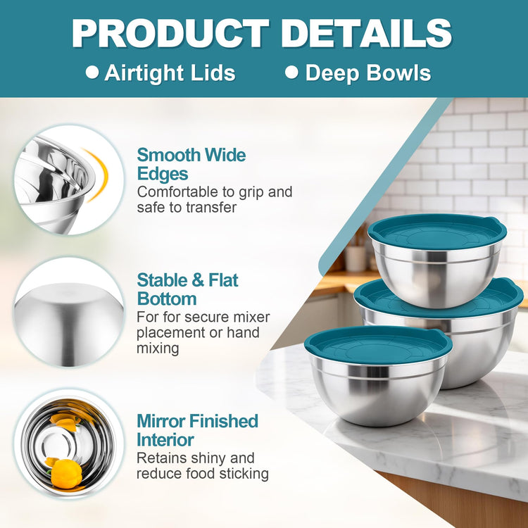 Mixing Bowls Stainless Steel Nesting Salad Bowls & Airtight Lids (3 Count)