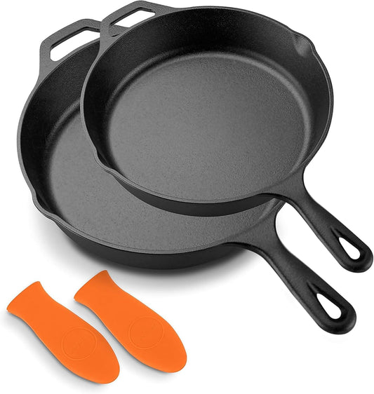 NutriChef 10" & 12" Pre-Seasoned Cast Iron Pans - Durable Nonstick Skillets, Cool-Touch Silicone Handle, For Oven, Grill & All Stovetops - Nestoria