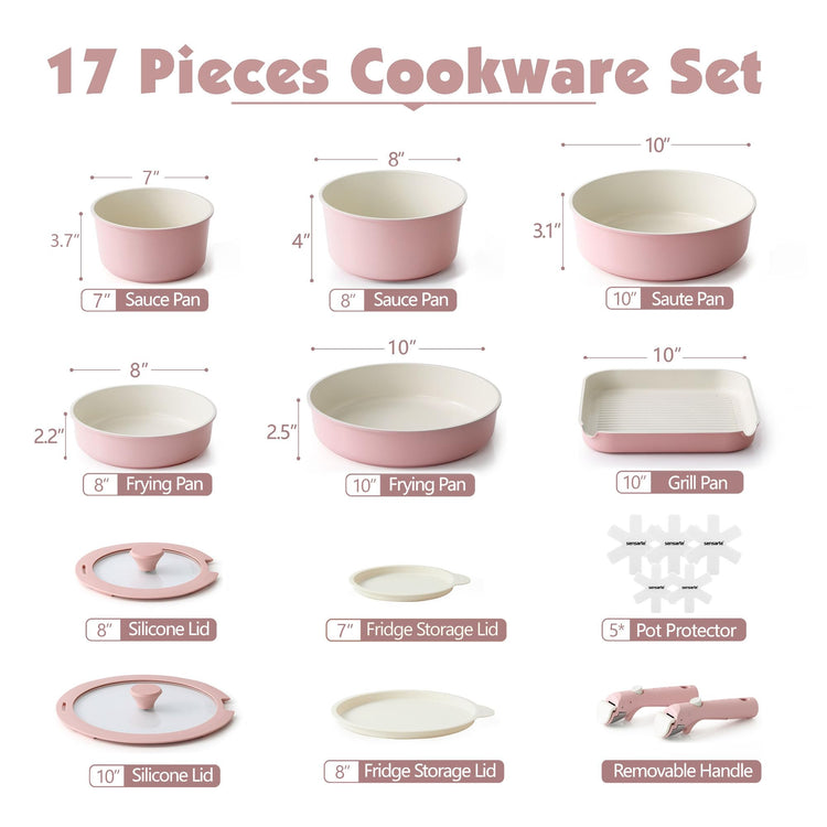17 Piece Ceramic Detachable Handle Pots and Pans Set Pink