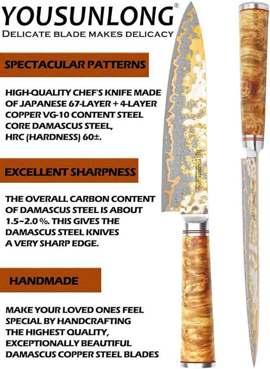 YOUSUNLONG Chef Knife - 8'' Blade Japanese Handmade Copper Damascus Steel - Professional Chef's Knife - Razor Sharp Slicing Knife - Naturel Burl Wooden Handle with Leather and Acacia Wood Box