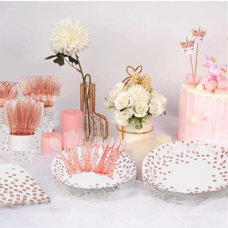 Pink Rose Gold Paper Plates Set (25 Count)