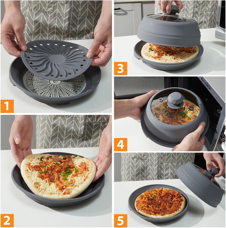Microwave Splatter Silicone Cover Collapsible, Vented Multifunction Splash Lid with Glass Dish Bowl Plate for Food Cooking Bacon Maker, Dishwasher Safe BPA-Free 9 inch Cookware Set Grey