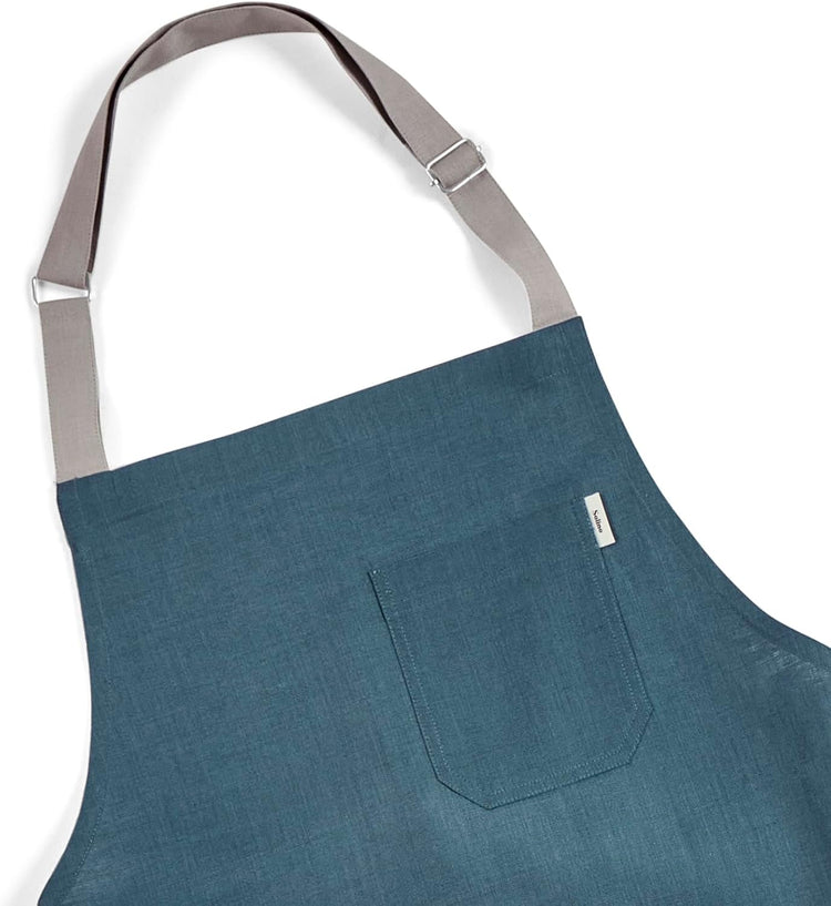 Solino Home Linen Kitchen Apron for Men & Women - Peacock Blue/Soft Grey Bib Apron with Front Pockets - Handcrafted from European Flax
