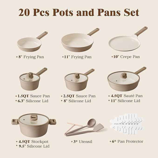 SENSARTE 20Pcs Pots and Pans Set Nonstick, Ceramic Cookware Set Non Stick, Non-toxic Healthy Kitchen Cooking Set, Induction Compatible, Dishwasher Safe, PFAS/PTFE/PFOA Free, TAUPE