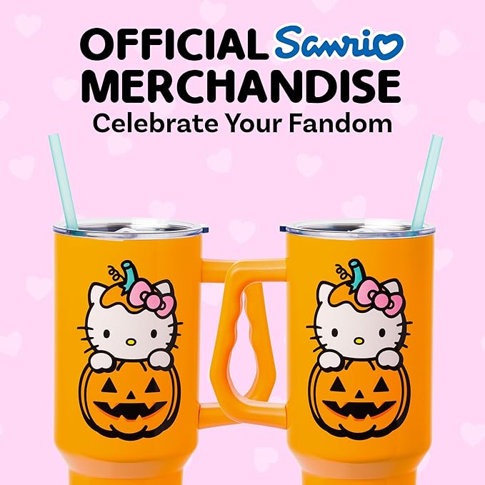 Silver Buffalo Sanrio Hello Kitty Halloween Jack-O-Lantern Double Walled Stainless Steel Tumbler with Handle and Straw, Fits in Standard Cup Holder, 40 Ounces