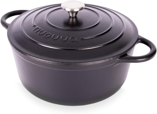 Nuovva Enamelled Cast Iron Dutch Oven Pot with Lid – 6.4 Quart Non Stick Casserole Pot – Heavy Duty & Oven Safe up to 500° F for Bread Baking, Braising, Stews, Roasting – 28cm Black - Nestoria