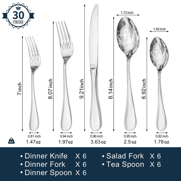 18 10 Stainless Steel Silverware Set for 6 (30 Count)