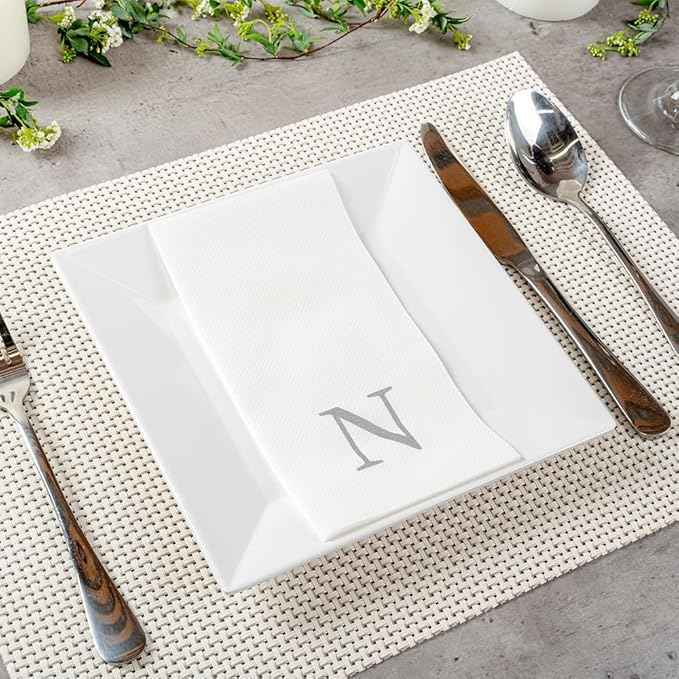 Luxenap 15.8 X 7.9 Inch Linen-Feel Guest Towels, 2000 Lettered Hand Towels - Silver Letter 'N', Sans Serif Font, White Paper Dinner Napkins, airlaid, For Restrooms And Tables - Restaurantware