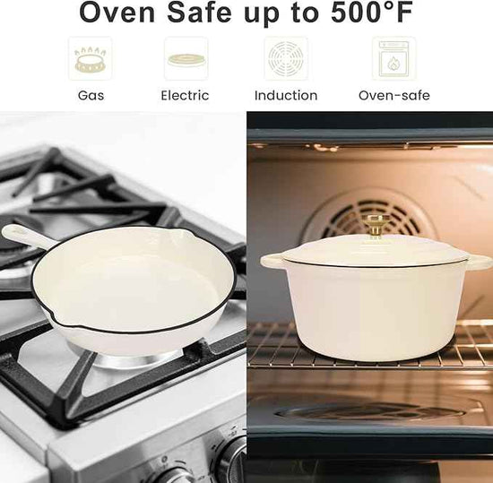 QuliMetal Enameled Cast Iron Cookware Set, 5-Piece – 2.3QT Dutch Oven, 4.7QT Braiser, 10" Skillet, 9x5" Oval Bread Pan & Rack – Versatile Oven-Safe Enamel Cast Iron Pots and Pans for Home Cooking