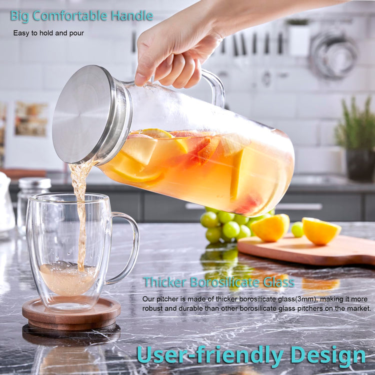 2 Pack 2 Liter 68 oz 2.1 Qt Glass Pitcher with Lid and Handle (2 Count)