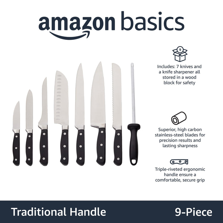 9-Piece High-Carbon Stainless Steel Kitchen Knife Set with Ergonomic Handles, Full Tang Construction, Pine Wood Block, Black (9 Count)