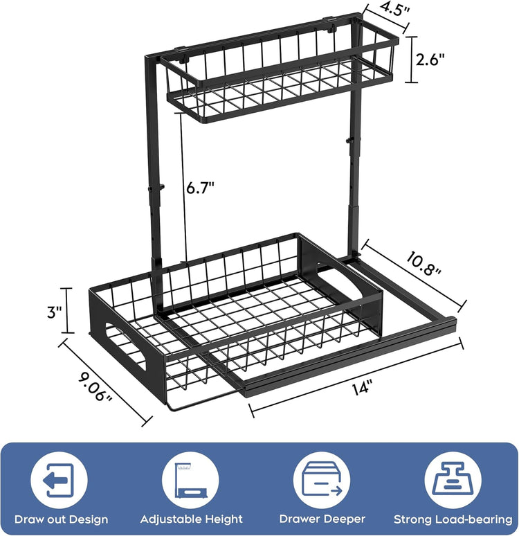 Under Sink Organizer, 2 Pack Height Adjustable Cabinet Organizer with Slide Out Drawer, Pull Out Under Sink Storage, Multi-Purpose 2 Tier Sink Shelves for Kitchen Bathroom Pantry (Black, 2 Pack)