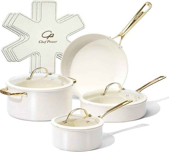 Chef Power Ceramic Cookware Sets, 10Pcs Pots and Pans Set Non Stick, Cookware Set with Stainless Steel Handle, Dishwasher & Oven Safe, Cream White and Light Gold Handle