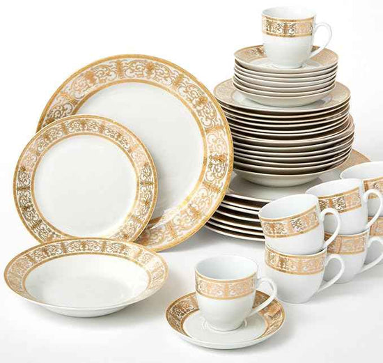 BrylaneHome 40 Piece Medici Porcelain Dinnerware Set (Service For 8), Includes Dinner & Dessert Plates, Bowls, Cups & Saucers, Elegant Gold Rim Pattern - Gold White