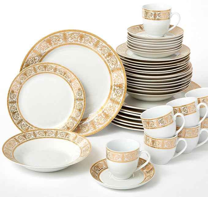 BrylaneHome 40 Piece Medici Porcelain Dinnerware Set (Service For 8), Includes Dinner & Dessert Plates, Bowls, Cups & Saucers, Elegant Gold Rim Pattern - Gold White