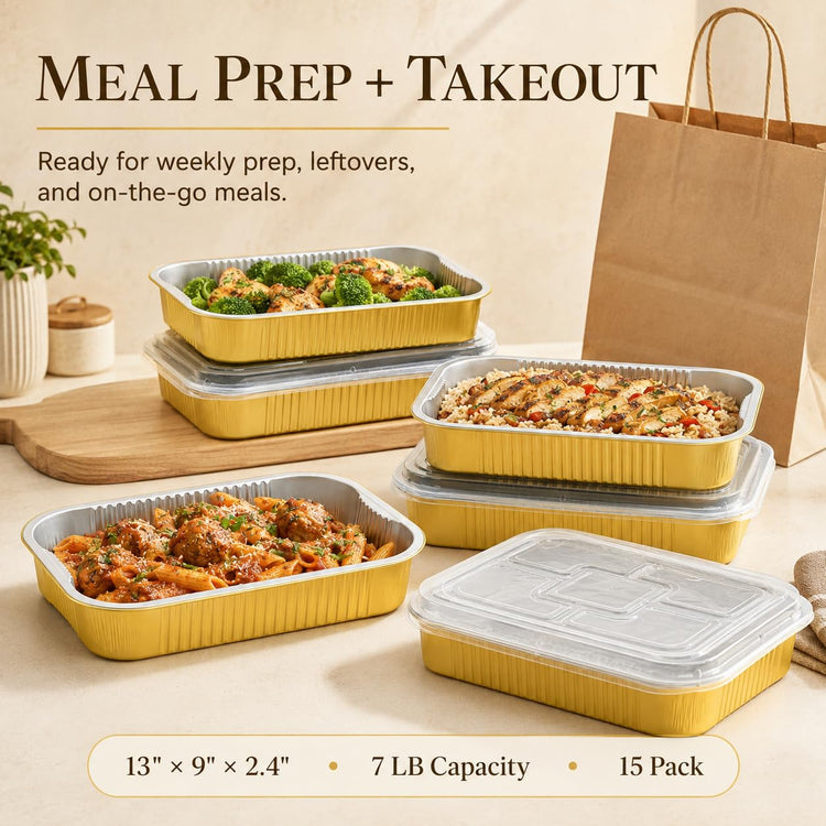 15 Pack Aluminum Pans with Lids Half Size 9x13 Extra Heavy Duty (15 Count)
