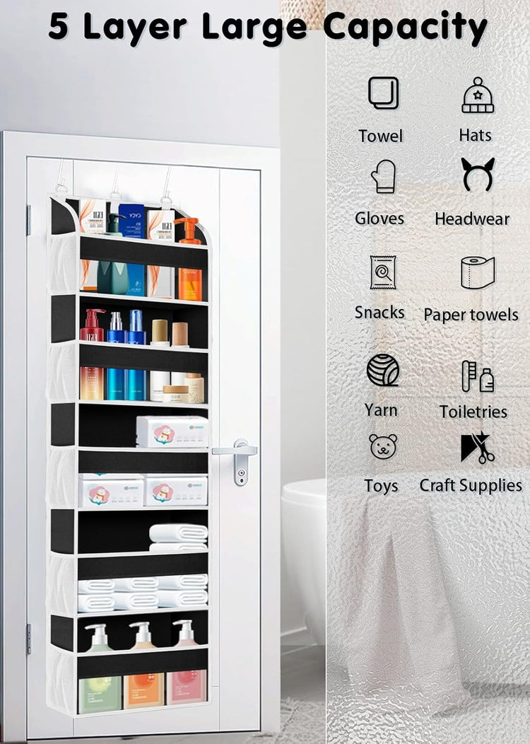 1 Pack Over The Door Storage Organizer with 5 Pockets 10 Mesh Side Pockets, 44 lbs Weight Capacity Door Hanging Organizers and Storage for Bedroom,Bathroom,Nursery,Pantry,Dorm(Black)