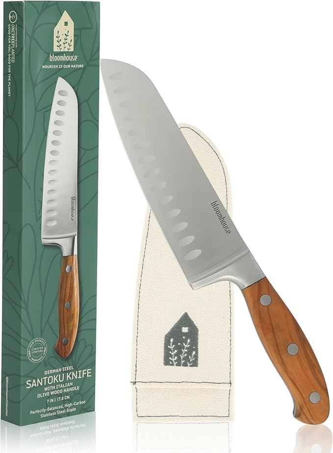 Bloomhouse - Two Time Oprah's Favorite Things Winner - 7-Inch Santoku Knife – German Stainless Steel Blade with Forged Italian Olive Wood Handle, Full Tang Kitchen Knife for Slicing Dicing & Mincing
