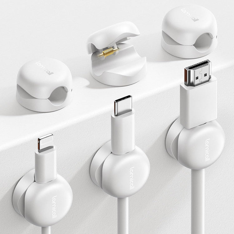 Lamicall Cord Organizer, Spring Cable Management Clips - 6Pack Compact Desk Cable Holder Clips, Nightstand Phone Charging Cord Holder, Halloween Adhesive Wire Organizer, Office Accessory, White