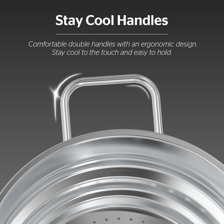 SUNHOUSE 5 Quart Stainless Steel Steamer Insert – Multi-Purpose Soup & Food Steamer with Stay-Cool Handles & Heavy-Duty Glass Lid – Fits Various Pot Sizes (8", 9", 9.5")