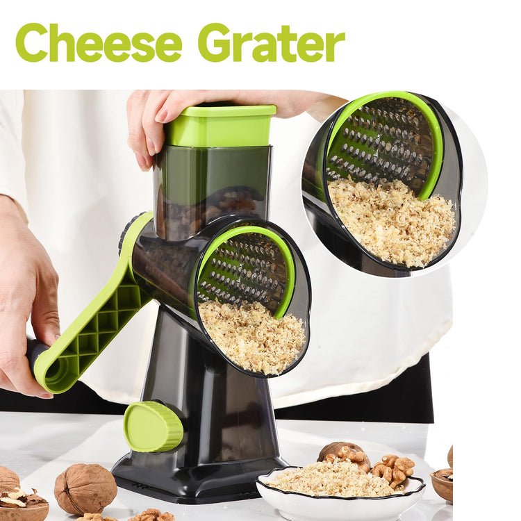 Rotary Cheese Grater with Handle Kitchen Shredder Slicer Grater Slicer Ice Shaver Cheese Vegetable Nuts Potato Zucchini Chocolate 3 Interchangeable Blades