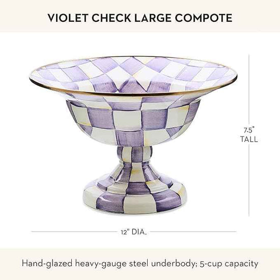 MACKENZIE-CHILDS Enamel Compote, Pedestal Serving Dish or Decorative Bowl, Large, Purple-and-White Violet Check